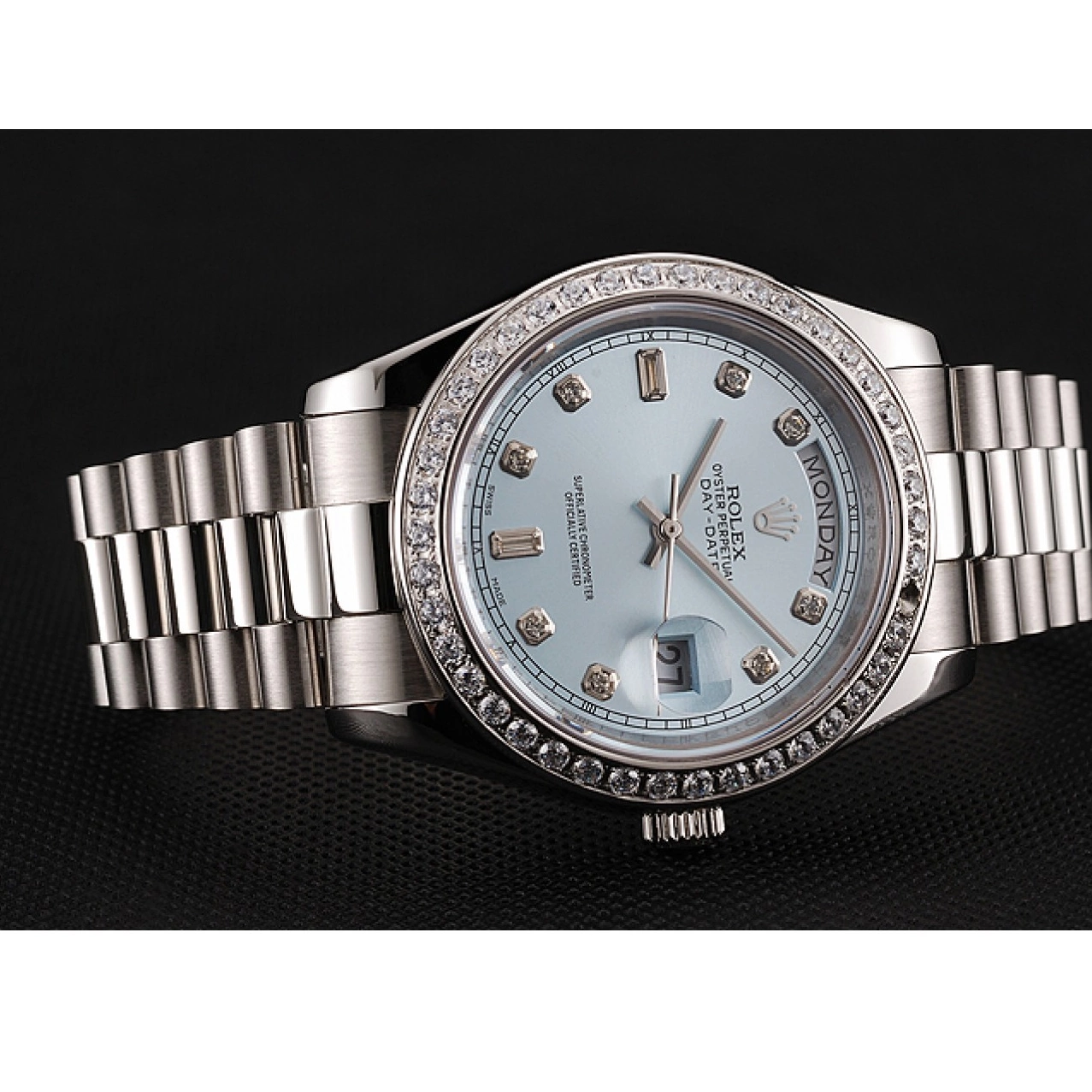 Aaa replica watch Case Dial Blue Swiss Stainless Diamond Rolex Steel Diamond Bracelet Ice 1453963 Numerals Day-Date 0805